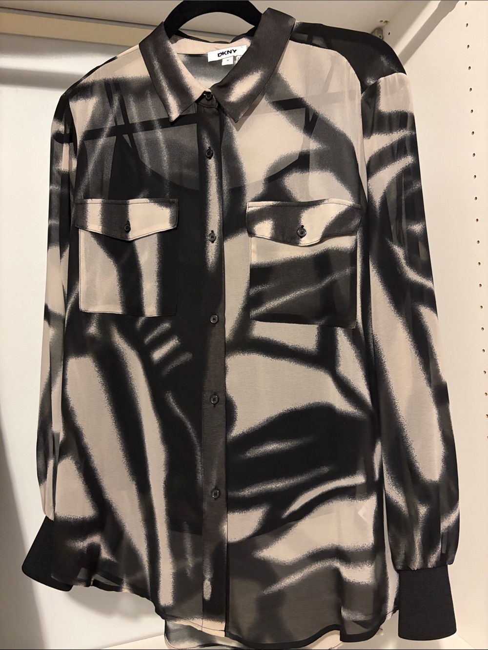 DKNY Black and Cream Abstract-Print Button-Up Blouse